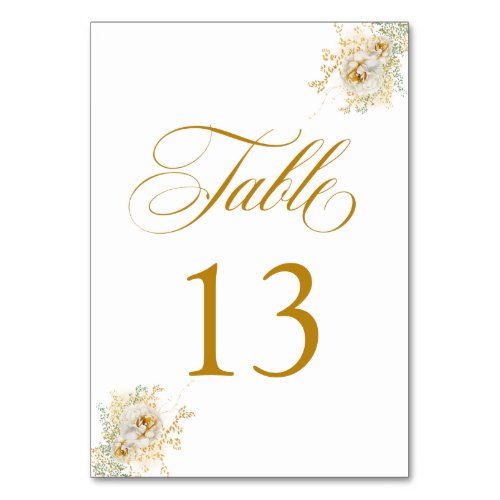 Elegant Gold Script Floral Wedding Table Number 13