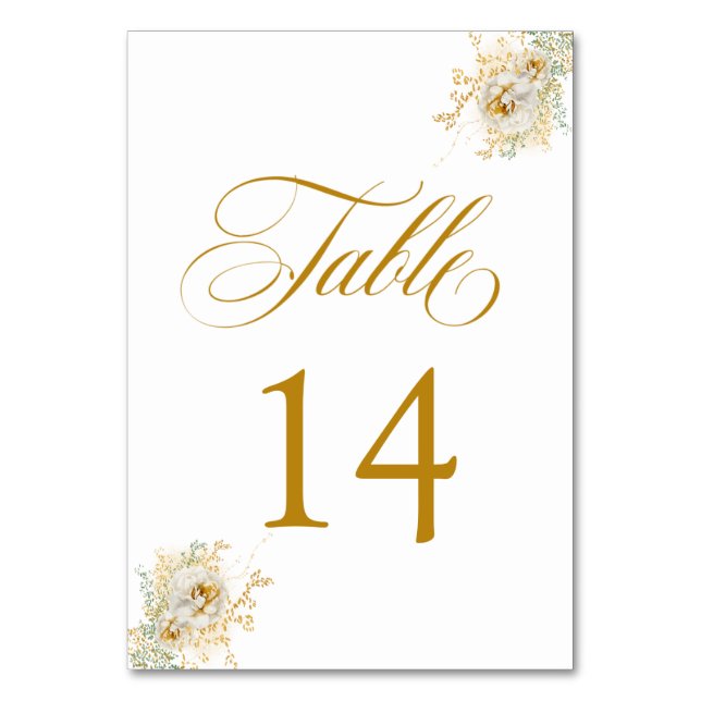 Elegant Gold Script Floral Wedding Table Number 14 (Front)