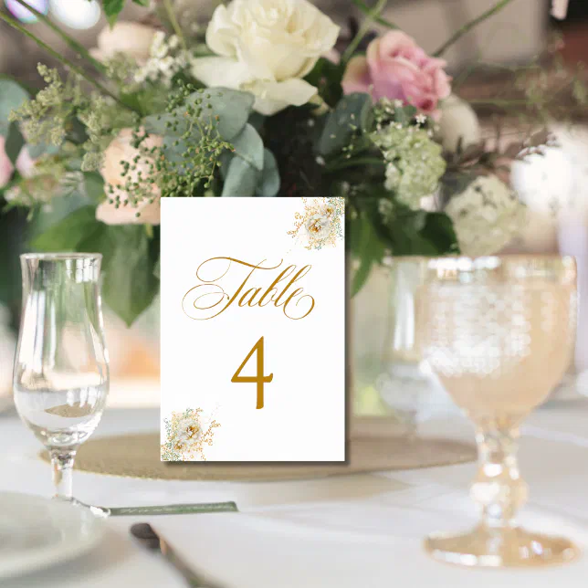 Script Number 4 Elegant Gold Script Floral Wedding Table Number 4 | Zazzle