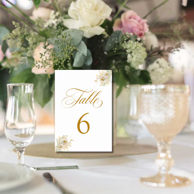 Elegant Gold Script Floral Wedding Table Number 6 | Zazzle