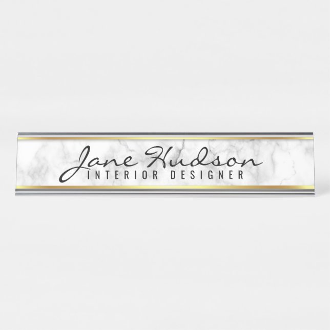 Elegant Gold Script Flower Modern Desk Name Plate (Front)