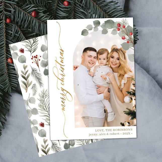 Elegant Gold Script Foliage Photo Arch Christmas  Holiday Card (Creator Uploaded)