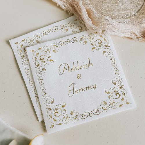 Elegant Gold Script Foliage Wedding Napkins