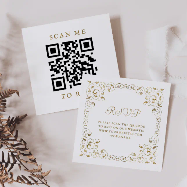 Elegant Gold Script Foliage Wedding QR Code RSVP Enclosure Card | Zazzle