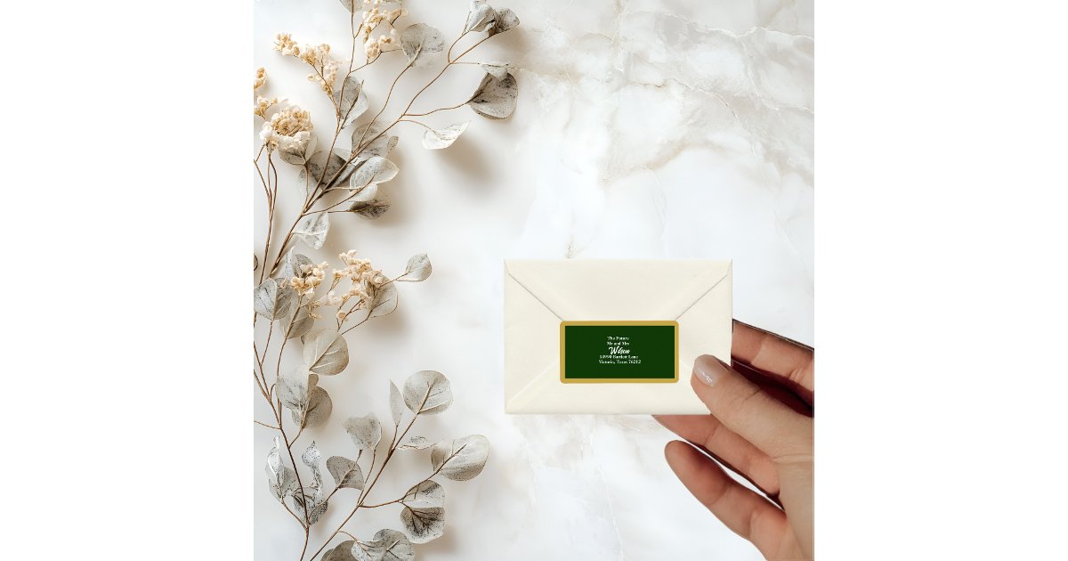 Elegant Gold Script Frame on Green Return Address Label | Zazzle