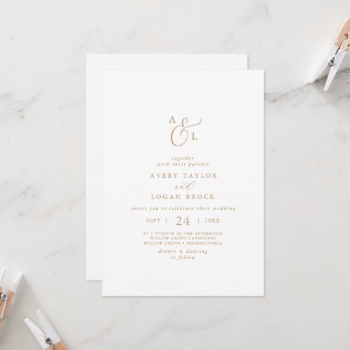 Elegant Gold Script Front  Back Monogram Wedding Invitation