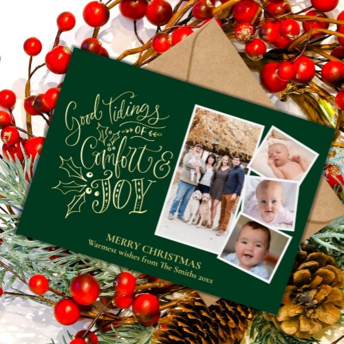 Elegant Gold Script Good Tidings of Comfort Joy Fo Foil Holiday Card