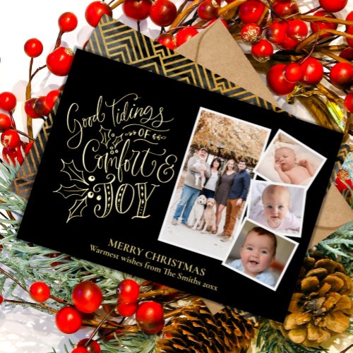 Elegant Gold Script Good Tidings of Comfort Joy Foil Holiday Card