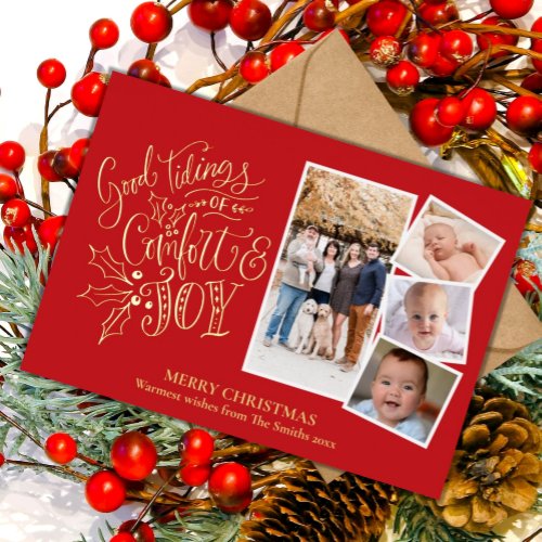 Elegant Gold Script Good Tidings of Comfort Joy Foil Holiday Card