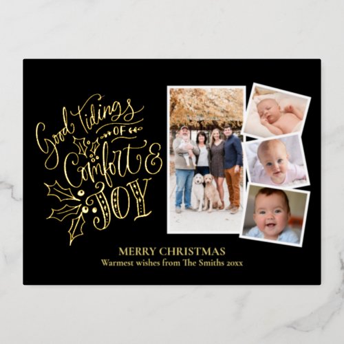 Elegant Gold Script Good Tidings of Comfort  Joy Foil Holiday Postcard