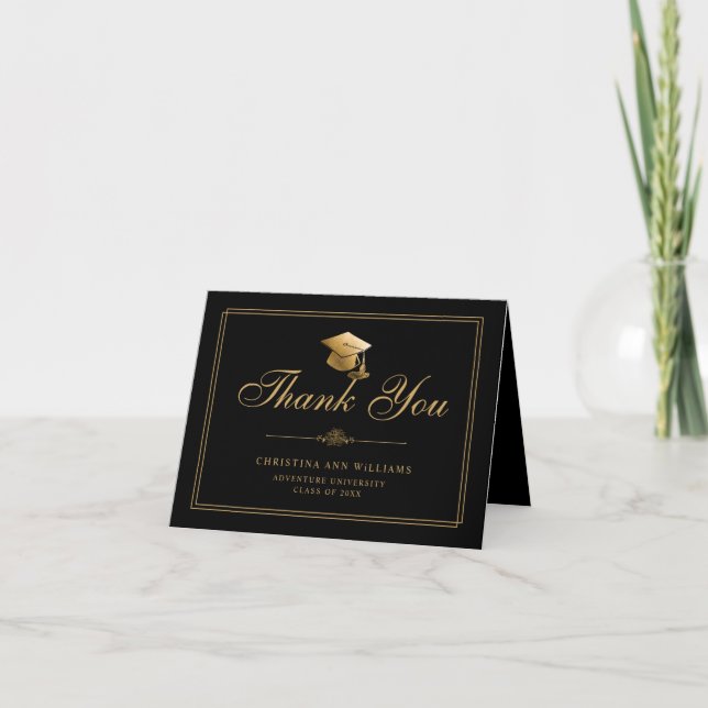 Elegant Gold Script Grad Cap Black Graduation Thank You Card (Front)