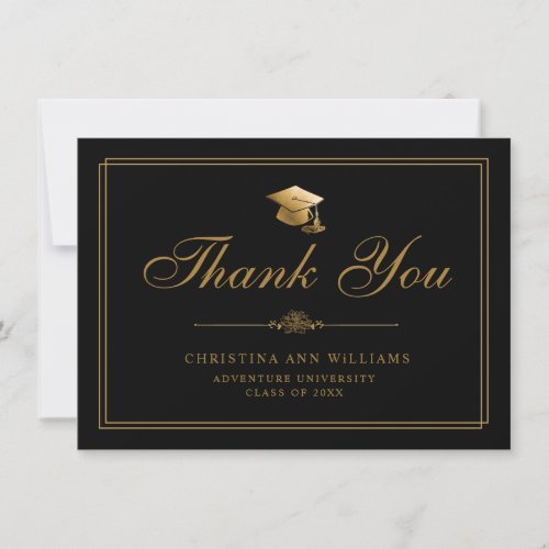 Elegant Gold Script Grad Cap Black Graduation Thank You Card