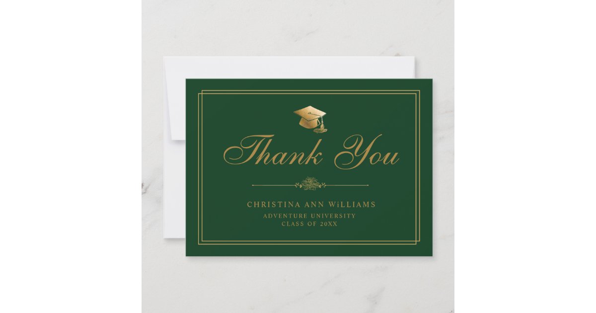 Elegant Gold Script Grad Cap Green Graduation Thank You Card | Zazzle
