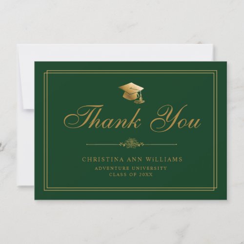 Elegant Gold Script Grad Cap Green Graduation Thank You Card