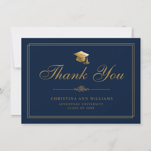 Elegant Gold Script Grad Cap Navy Blue Graduation Thank You Card (Front)