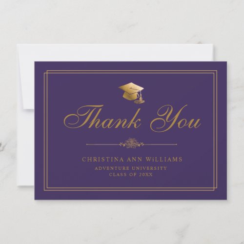 Elegant Gold Script Grad Cap Purple Graduation Thank You Card