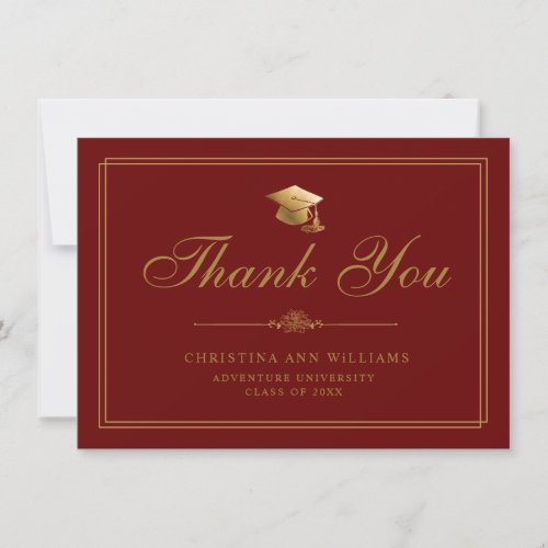 Elegant Gold Script Grad Cap Red Graduation Thank You Card