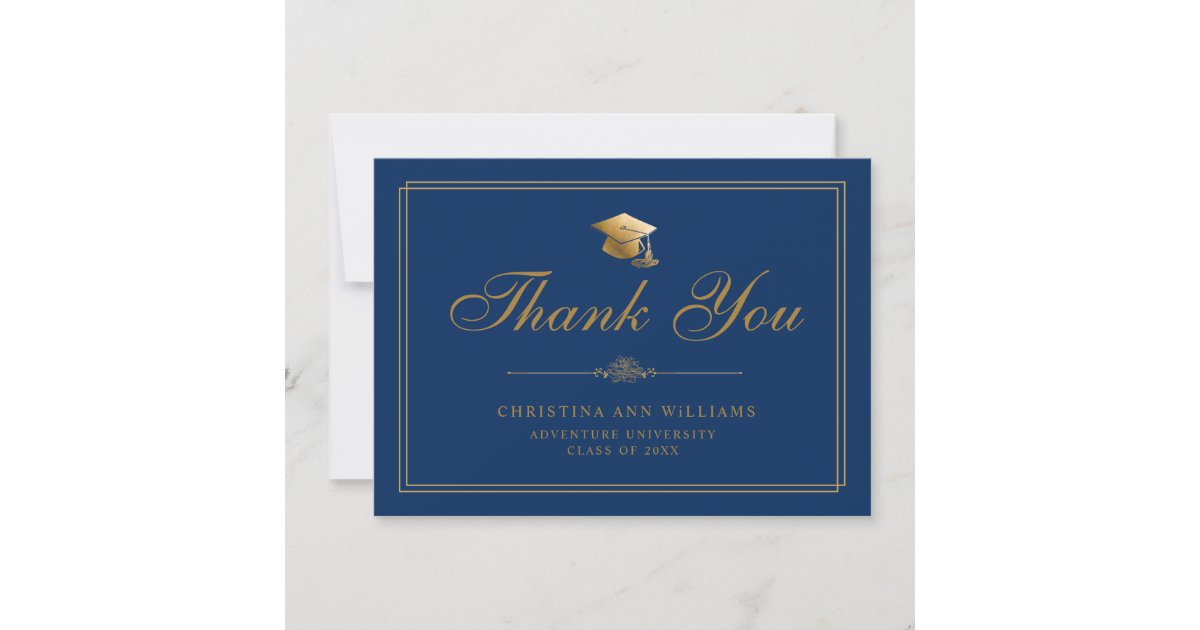 Elegant Gold Script Grad Cap Royal Blue Graduation Thank You Card | Zazzle