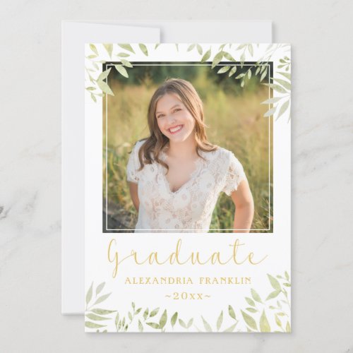 Elegant Gold Script Graduate Greenery 5 Photo Announcement