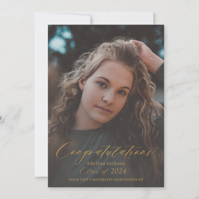 Elegant gold script graduate modern photo announcement (Front)
