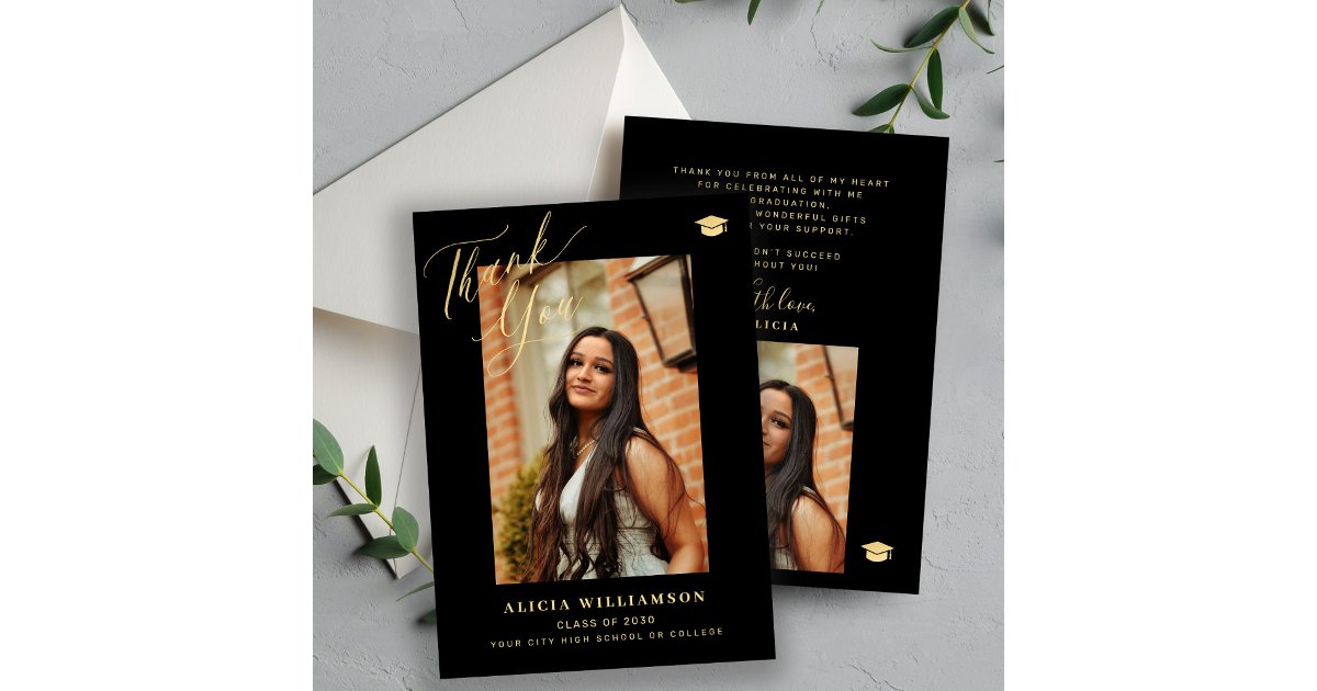 Elegant gold script graduate photo graduation thank you card | Zazzle
