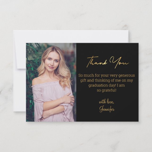 elegant gold script graduation photo black thank you card (Front)
