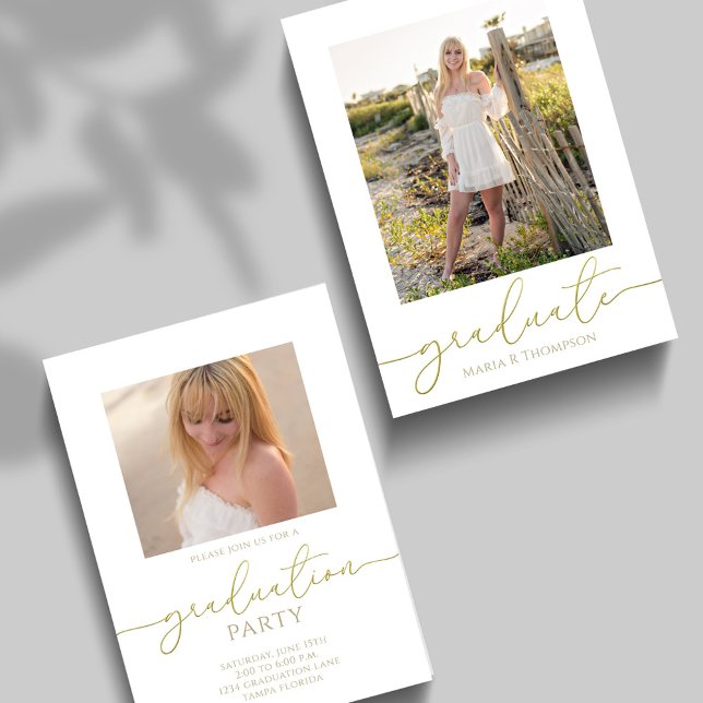 Elegant Gold Script Graduation Photo Invitation (Elegant gold script graduate photo with refined typography and customizable portrait.)
