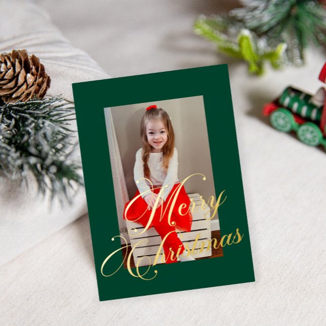 Elegant Gold Script Green Frame Photo Foil Holiday Card (Creator Uploaded)