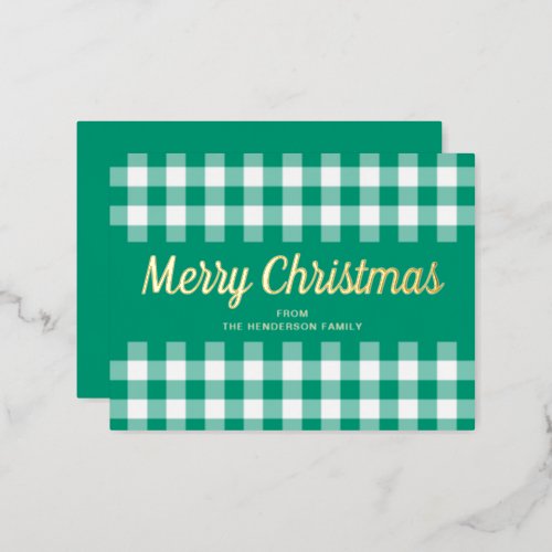 Elegant Gold Script Green Gingham Merry Christmas Foil Holiday Postcard