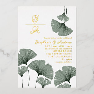 Elegant Gold Script Green Leaf Wedding Invitation Foil Invitation
