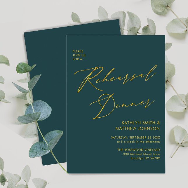 Elegant Gold Script Green Simple Rehearsal Dinner Invitation (Creator Uploaded)