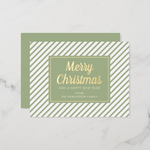 Elegant Gold Script Green Stripes Merry Christmas Foil Holiday Postcard