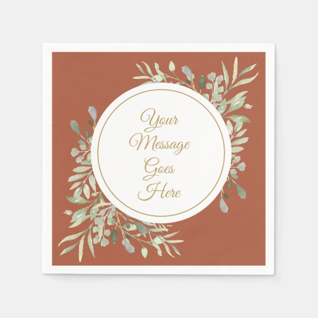 Elegant Gold Script Greenery Terracotta Napkins (Front)