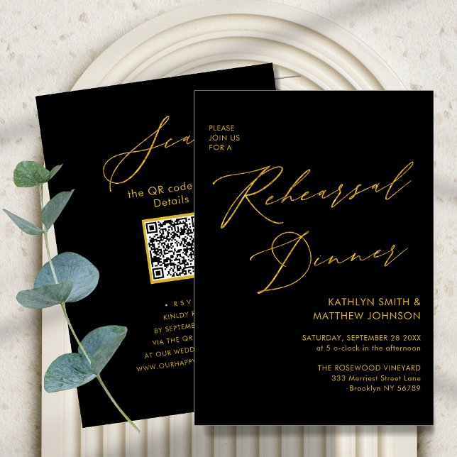 Elegant Gold Script Grey Rehearsal Dinner QR code Invitation (Creator Uploaded)