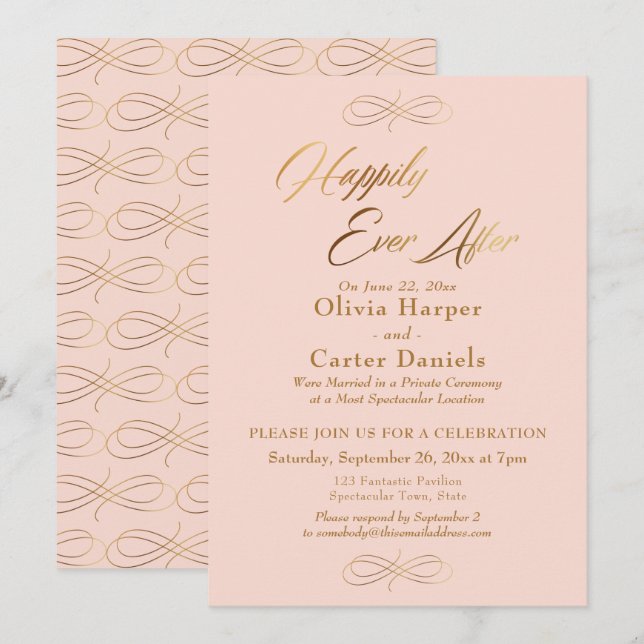 Elegant Gold Script Happily Ever After Blush Pink Invitation (Front/Back)