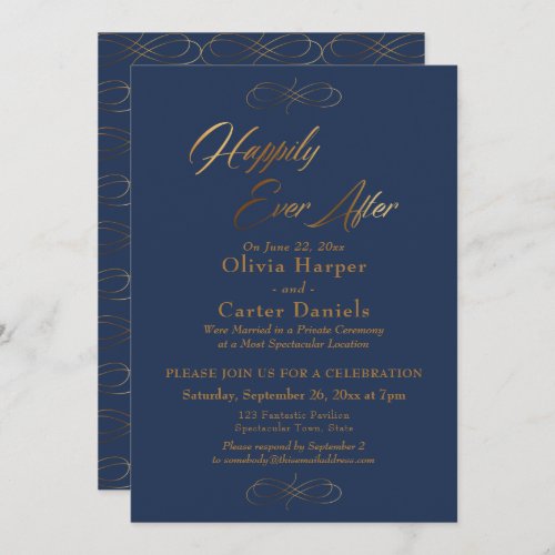 Elegant Gold Script Happily Ever After on Navy Invitation