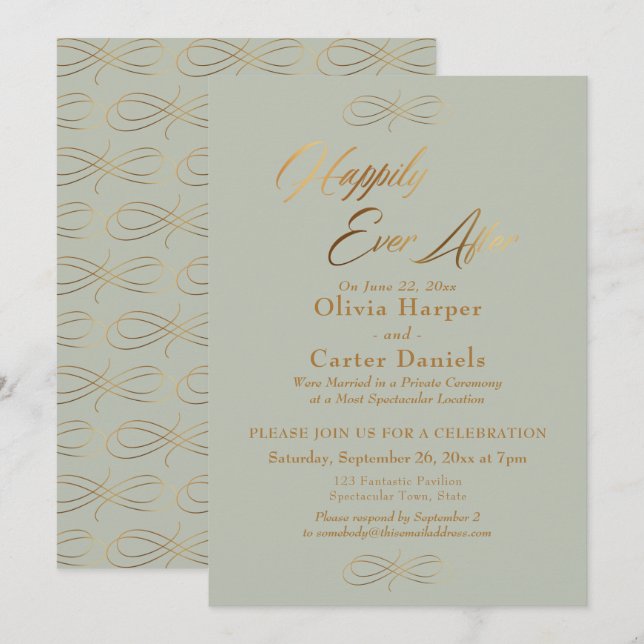 Elegant Gold Script Happily Ever After, Sage Green Invitation (Front/Back)