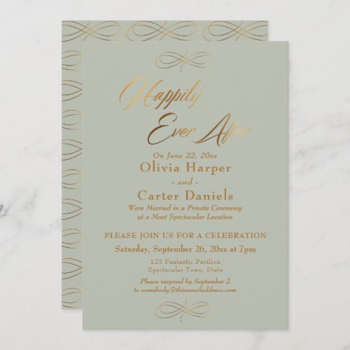 Elegant Gold Script Happily Ever After Sage Green Invitation