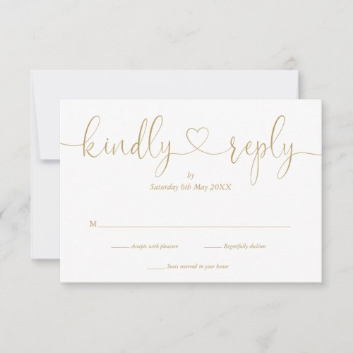 Elegant Gold Script Heart Kindly Reply RSVP Card - A simple elegant gold script heart kindly reply RSVP card with your details set in chic typography. Designed by Thisisnotme©
