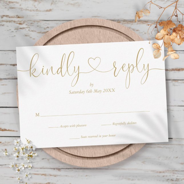 Elegant Gold Script Heart Kindly Reply RSVP Card (Creator Uploaded)