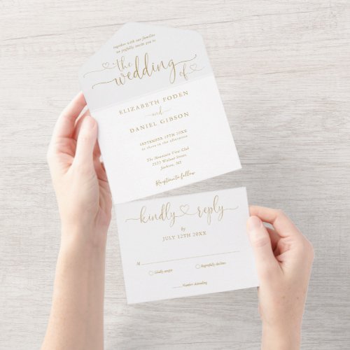Elegant Gold Script Hearts Minimalist Wedding All In One Invitation - All in one wedding invitation featuring elegant gold hearts script typography and monogram initials. The invitation includes a perforated RSVP card that’s can be individually addressed or left blank for you to handwrite your guest's address details. Designed by Thisisnotme©