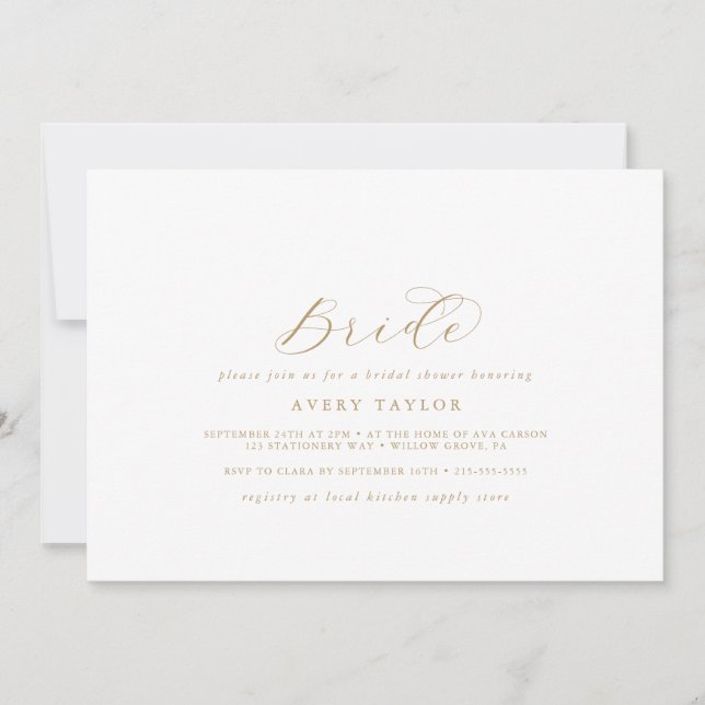 Elegant Gold Script Horizontal Bride Bridal Shower Invitation (Front)