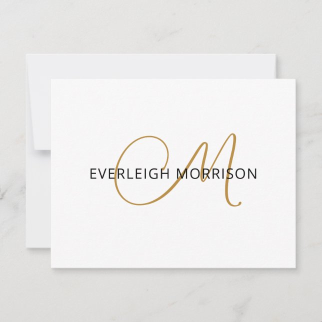 Elegant Gold Script Initial Black Name Monogram Note Card (Front)