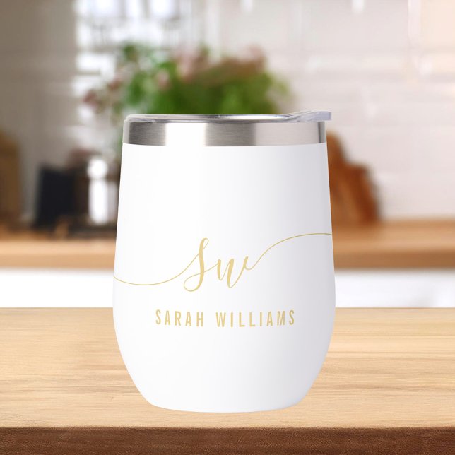 Elegant Gold Script Initial Monogram  Thermal Wine Tumbler (Creator Uploaded)