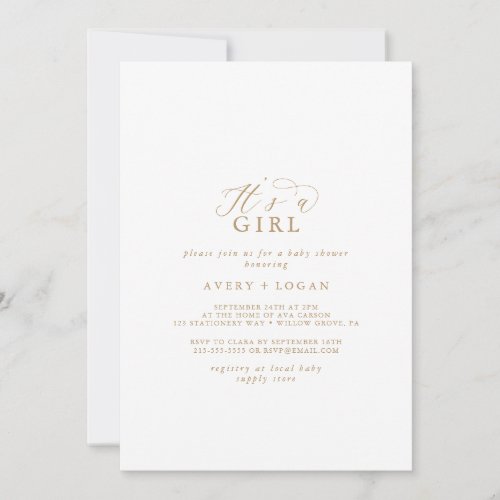 Elegant Gold Script Its A Girl Baby Shower Invitation