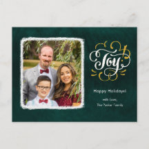 Elegant Gold Script JOY Green Christmas Photo
