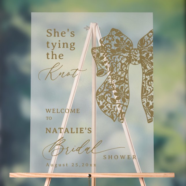 Elegant Gold Script Lace Bow She's Tying The Knot Acrylic Sign (Neutral)
