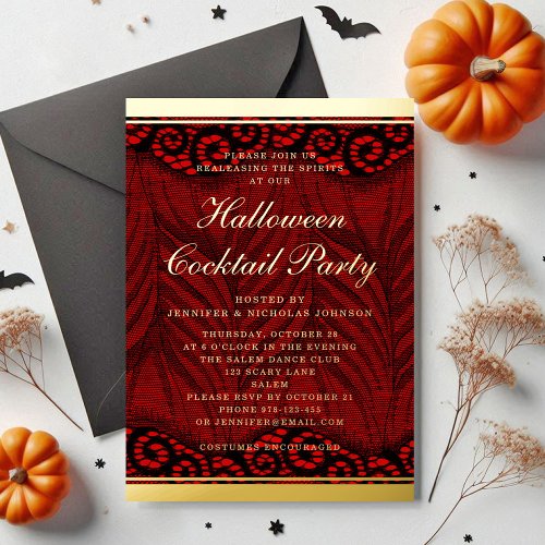 Elegant Gold Script Lace Halloween Cocktail Party  Foil Invitation