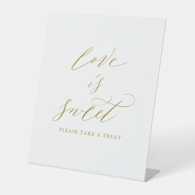 Elegant Gold Script Love is Sweet Wedding Pedestal Sign (Front)