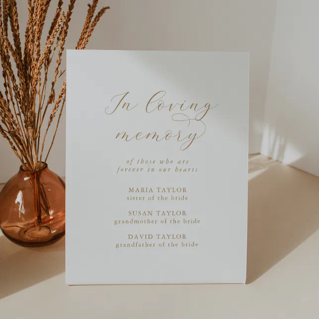 Gold Script In Loving Memory Elegant Gold Script Loving Memory Wedding Memorial Pedestal Sign | Zazzle